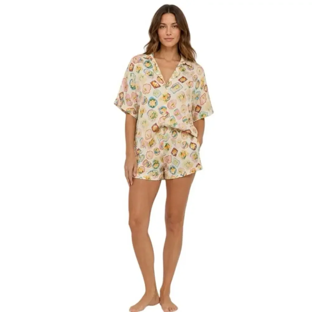Terzo Millennio Made in Italy Fruit Floral Print Button-Up Shirt & Shorts Set L